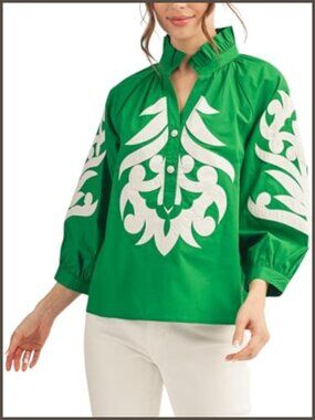 Baroque Applique Blouse Ruffled V-Neck 3/4 Puff Sleeve Floral Embroidered